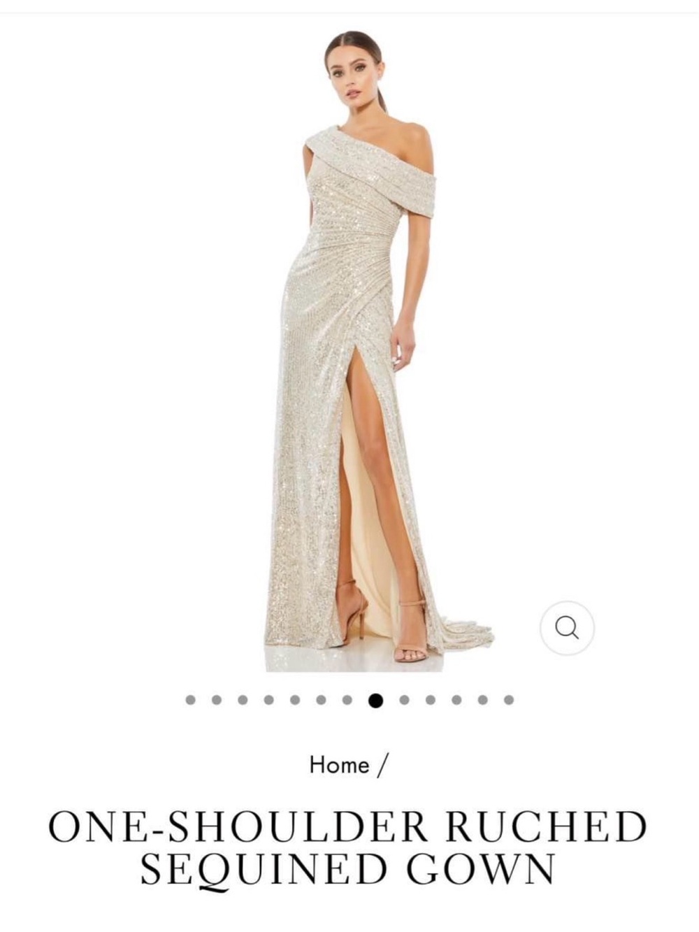 Mac Duggal Champagne One-Shoulder Ruched Sequined Gown